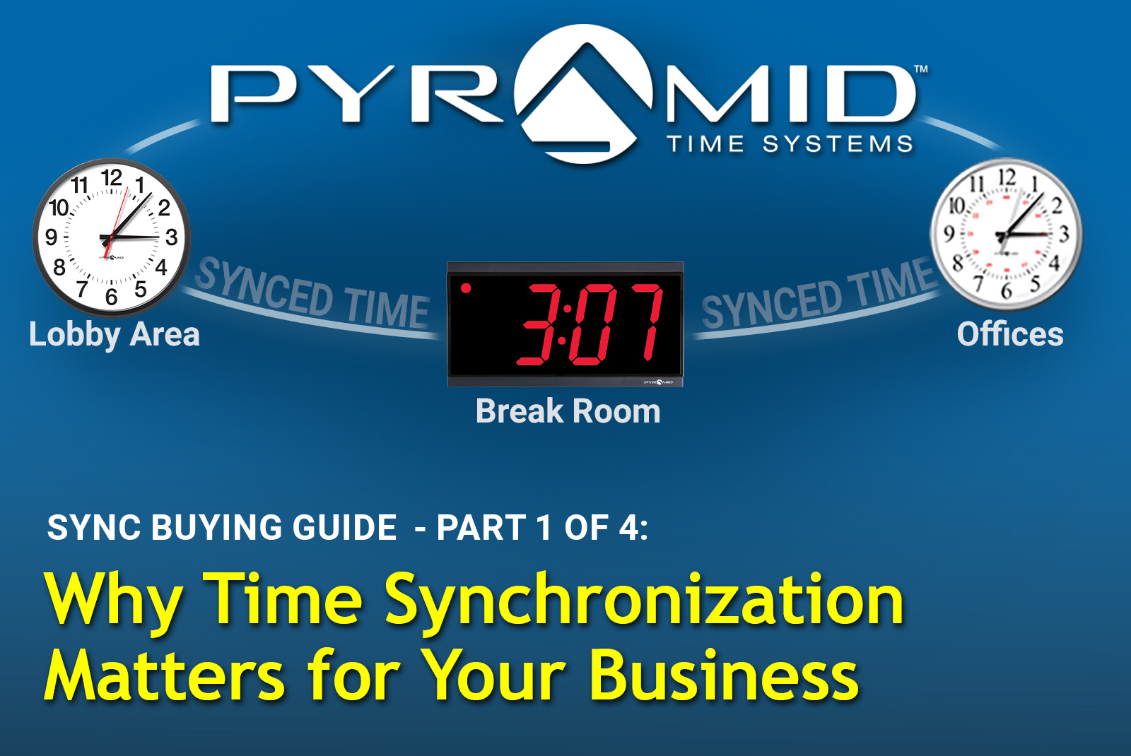 Synchronized clock system showing lobby, break room, and office clocks displaying the same time